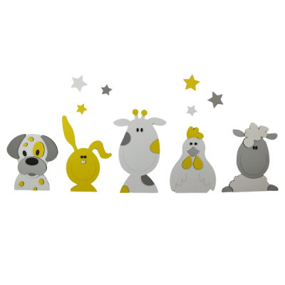 Boerderijdieren (5st.) hond-koe-konijn-kip-schaap - grijs met te kiezen kleur (100x40cm) - sterren optioneel